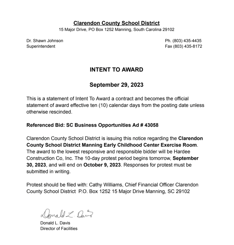 Intent To Award Notification Clarendon County School District